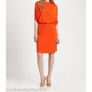 New $495 NWT Womens Josie Natori Dress Orange Jersey Small Ruched Designer Isla